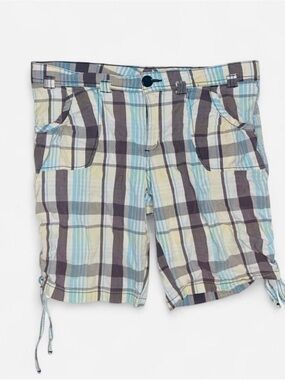 Bugle Boy Plaid Flat Front Shorts in Blue, Gray & Cream